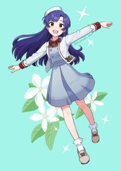 1girl :d aqua_background artist_name blue_dress blue_hair bow bowtie brown_eyes brown_shoes commentary_request dress floating_hair flower full_body hat highres idolmaster idolmaster_(classic) jacket jacket_over_dress kisaragi_chihaya long_hair long_sleeves looking_at_viewer mogukichi_aka open_mouth outstretched_arms red_bow red_bowtie shoes simple_background smile socks solo spread_arms twitter_username white_flower white_hat white_jacket white_socks