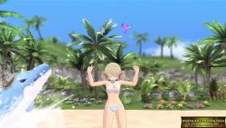 1girl 2015 3d animated beach bikini blonde_hair breasts cleavage dolphin dual_wielding game_console holding kafuru_(senran_kagura) looking_at_viewer luka_(senran_kagura) marvelous medium_hair navel official_art playstation_4 purple_eyes senran_kagura senran_kagura_estival_versus smile smug sound strapless strapless_bikini swimsuit tagme tamsoft twintails video water_gun whistle