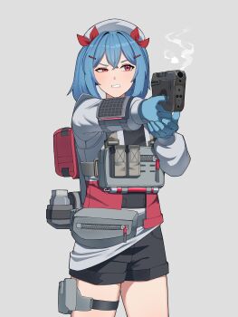 1girl absurdres beret black_shirt black_shorts blue_gloves blue_hair clenched_teeth colphne_(girls&#039;_frontline_2) commentary cowboy_shot gar32 girls&#039;_frontline girls&#039;_frontline_2:_exilium gloves grey_background grey_hat grey_jacket gun hair_between_eyes hair_ornament hair_ribbon hairclip half-closed_eye handgun hat highres holding holding_gun holding_weapon jacket long_sleeves outstretched_arm pistol pocket_pistol puffy_long_sleeves puffy_sleeves red_eyes red_ribbon ribbon shirt shorts simple_background smoke smoking_barrel solo standing taurus_curve teeth twintails uneven_eyes v-shaped_eyebrows weapon weapon_request