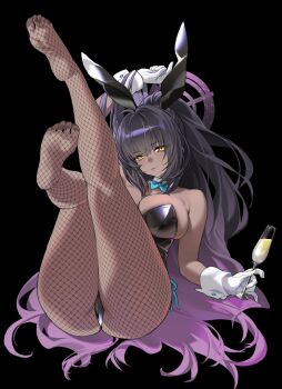 1girl alcohol bare_shoulders black_background black_hair black_leotard blue_archive blue_bow blue_bowtie bow bowtie breasts champagne champagne_flute cleavage cup dark-skinned_female dark_skin drinking_glass fishnet_pantyhose fishnets gloves gradient_hair halo hashtag-only_commentary highres holding karin_(blue_archive) karin_(bunny)_(blue_archive) large_breasts leotard long_hair multicolored_hair pantyhose playboy_bunny serpent_(pepepp39) simple_background solo white_gloves yellow_eyes