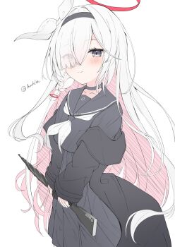 Rule 34 | 1girl, artist name, black choker, black coat, black eyes, black hairband, black serafuku, blue archive, blush, choker, closed mouth, coat, collarbone, commentary, eyes visible through hair, hair over one eye, hairband, halo, highres, light smile, long hair, looking at viewer, mashilon, neckerchief, plana (blue archive), red halo, red pupils, ribbon, school uniform, serafuku, simple background, solo, twitter username, very long hair, white background, white hair, white neckerchief, white ribbon