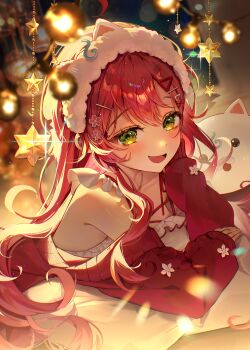 1girl 35p_(sakura_miko) :d absurdres ahoge animal_ear_hairband animal_ears babydoll blurry blurry_background cardigan cat_ear_hairband cat_ears damoong double-parted_bangs fake_animal_ears frilled_babydoll green_eyes hair_between_eyes hair_ornament hairband hairclip highres hololive long_hair looking_at_viewer lying official_alternate_costume on_stomach open_mouth pink_hair red_cardigan sakura_miko sakura_miko_(loungewear) single_sidelock smile solo upper_body virtual_youtuber white_babydoll