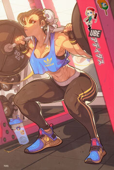 1girl abs adidas barbell blanka bottle breasts brown_hair bun_cover cammy_white capcom cellphone chun-li cleavage commentary crop_top dragon_ball dragon_ball_(classic) dumbbell edwin_huang english_commentary exercising fingerless_gloves gloves lunch_(bad)_(dragon_ball) lunch_(dragon_ball) lunch_(good)_(dragon_ball) mirror muscular muscular_female navel pants parted_lips phone shoes smartphone sneakers solo sports_bra squatting sticker stomach street_fighter street_fighter_ii_(series) sweat water_bottle weightlifting yoga_pants