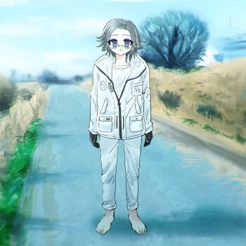 1boy aotsuki_eito bababa081 barefoot black_gloves blue_eyes breast_pocket collarbone commentary derivative_work full_body glasses gloves grey_hair highres jacket looking_at_viewer male_focus no_shoes pants partially_unzipped pocket shinsei_kamattechan short_hair solo the_hundred_line_-last_defense_academy- white_jacket white_pants