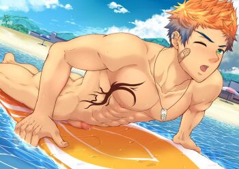 Rule 34 | > o, 1boy, ass, bandaid, bandaid on cheek, bandaid on face, bara, beach, black hair, blush, chest tattoo, cloud, completely nude, day, ear piercing, erection, green eyes, jewelry, large pectorals, lifeguard, looking at viewer, lying, male focus, multicolored hair, muscular, muscular male, navel, necklace, nipples, nude, one eye closed, open mouth, orange hair, original, outdoors, pectorals, penis, piercing, short hair, sky, solo, summer, surfboard, tattoo, teeth, two-tone hair, uncensored, zamius