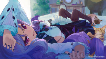 1girl absurdres arm_on_own_head arm_up blue_gemstone bow bowtie breasts brown_pantyhose cat center_frills chair commentary_request drill_hair frills gem highres indoors knees_up long_hair looking_at_viewer lying medium_breasts on_back on_bed open_mouth pantyhose plant potted_plant purple_bow purple_bowtie purple_eyes purple_hair purple_nails shrug_(clothing) siamese_cat sideboob_cutout solo_focus table tu_pao_diao_yu_shao vivian_banshee white_shrug yellow_cat zenless_zone_zero