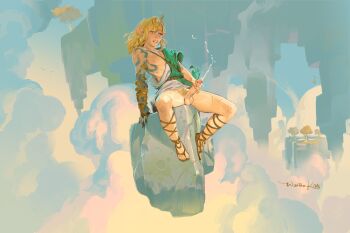 1boy archaic_set_(zelda) arm_tattoo bishounen blonde_hair body_markings closed_eyes cloud commentary cum ejaculation english_commentary floating_island floating_rock highres link male_focus male_masturbation male_pubic_hair masturbation medium_hair midair nintendo pointy_ears projectile_cum pubic_hair sandals sitting solo spread_legs tattoo teeth the_legend_of_zelda the_legend_of_zelda:_tears_of_the_kingdom toga upper_teeth_only winton_kidd