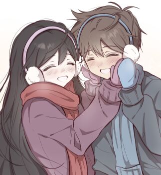 Rule 34 | 1girl, 1other, :d, ^ ^, antenna hair, black hair, blue hairband, blue mittens, blue scarf, brown hair, closed eyes, double-parted bangs, earmuffs, face-to-face, facing another, grey sweater, grin, hair between eyes, hairband, hand up, hands on another's cheeks, hands on another's face, hands up, hashtag-only commentary, hero (faraway) (omori), hero (omori), highres, long hair, long sleeves, mari (faraway) (omori), mari (omori), mittens, omori, open mouth, pale skin, pink hairband, pink mittens, puffy long sleeves, puffy sleeves, purple sweater, raised eyebrows, red scarf, scarf, short hair, simple background, smile, straight hair, sweater, upper body, very long hair, very short hair, white background, wktdms1