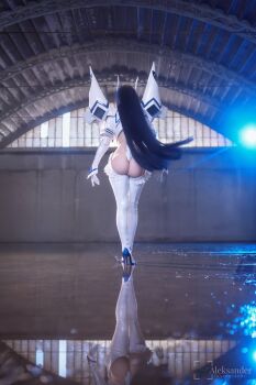 1girl ass black_hair boots cosplay cosplay_photo from_behind highres indoors junketsu kamisamalisa kamui_(kill_la_kill) kill_la_kill kiryuuin_satsuki kiryuuin_satsuki_(cosplay) long_hair photo_(medium) reflection reflective_liquid revealing_clothes solo thigh_boots