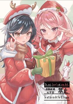 2girls black_hair box coat commentary_request cowboy_shot dress gift gift_box green_mittens hair_bobbles hair_ornament hat highres kantai_collection long_hair mittens multiple_girls nazono_neko pink_eyes pink_hair rabbit red_coat red_dress red_eyes red_hat santa_hat sazanami_(christmas)_(kancolle) sazanami_(kancolle) short_hair twintails unfinished ushio_(christmas)_(kancolle) ushio_(kancolle) v