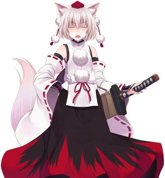 Rule 34 | 1girl, animal ear fluff, animal ears, bare shoulders, black skirt, blush, closed eyes, commentary request, cowboy shot, crote, detached sleeves, facing viewer, grey hair, hand up, hat, highres, holding, holding sword, holding weapon, inubashiri momiji, large variant set, long skirt, long sleeves, open mouth, red hat, ribbon-trimmed sleeves, ribbon trim, sheath, sheathed, shirt, short hair, skirt, sleeveless, sleeveless shirt, solo, sword, tachi-e, tail, teeth, tokin hat, touhou, transparent background, turtleneck, turtleneck shirt, u u, upper teeth only, v-shaped eyebrows, variant set, weapon, white shirt, wide sleeves, wolf ears, wolf girl, wolf tail