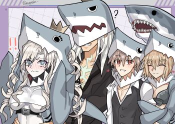 2boys 2girls animal_costume animal_hood arm_hug bikini black_bikini blue_eyes blush breasts caravthir cleavage closed_mouth fate/apocrypha fate/grand_order fate_(series) glowing_scar grey_hair hair_between_eyes highres hood husband_and_wife jeanne_d&#039;arc_(fate) jeanne_d&#039;arc_(swimsuit_archer)_(first_ascension)_(fate) kriemhild_(fate) kriemhild_(swimsuit_rider)_(fate) kriemhild_(swimsuit_rider)_(first_ascension)_(fate) kriemhild_(swimsuit_rider)_(second_ascension)_(fate) large_breasts long_hair looking_at_viewer mole mole_under_eye multiple_boys multiple_girls pale_skin quick_shirt red_eyes shark_costume shark_mask short_hair sieg_(fate) siegfried_(fate) siegfried_(super_cool_biz)_(fate) smile swimsuit torso_grab