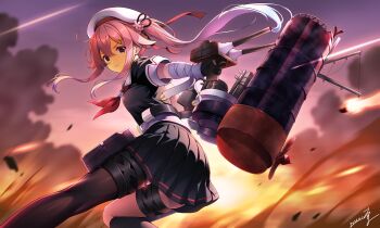 1girl absurdres asymmetrical_legwear beret dated gun hair_flaps harusame_(kancolle) harusame_kai_ni_(kancolle) hat highres kantai_collection machinery pink_hair pleated_skirt school_uniform serafuku side_ponytail sidelocks single_thighhigh skirt solo takuma_(takumo7121) thighhighs thighs weapon