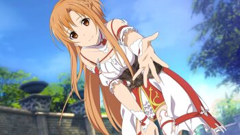 1girl arm_strap asuna_(sao) bad_id bad_yandere_id bent_over blue_sky blurry blurry_background braid breasts brown_eyes brown_hair closed_mouth collarbone day detached_collar facing_viewer floating_hair french_braid from_below game_cg hair_between_eyes hand_on_lap highres layered_skirt long_hair looking_at_viewer medium_breasts miniskirt open_mouth outdoors parted_bangs pov reaching reaching_towards_viewer skirt sky smile solo sword_art_online sword_art_online:_hollow_realization underbust very_long_hair white_skirt
