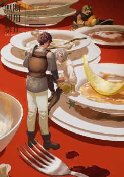 3boys armor beard black_eyes black_hair boots carrot chainmail curly_hair dark-skinned_male dark_skin dungeon_meshi dwarf elf facial_hair fake_horns fork gorget grey_hair happy_tears helmet highres holding horned_helmet horns kabru leather_armor long_beard long_sleeves male_focus mege_(megechan) mini_person miniboy mithrun multiple_boys mustache one_eye_closed outstretched_hand pants pauldrons plate pointy_ears senshi_(dungeon_meshi) short_hair shoulder_armor single_pauldron sitting smile tearing_up tears thick_mustache thigh_boots very_long_beard