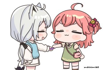 2girls :3 :d ahoge animal_ear_fluff animal_ears bag bell black_bow black_ribbon blush_stickers bow brown_shirt candy_wrapper chibi closed_eyes closed_mouth collared_shirt dress food fox_ears fox_girl fox_tail green_dress grey_hair hair_bell hair_bow hair_ornament holding holding_food hololive jingle_bell long_sleeves low_ponytail mochimiko multiple_girls neck_ribbon one_side_up open_mouth pink_hair ponytail puffy_long_sleeves puffy_short_sleeves puffy_sleeves purple_bow ribbon sakura_miko shirakami_fubuki shirt short_sleeves shoulder_bag signature simple_background skirt sleeveless sleeveless_dress smile socks standing sweater_vest tail virtual_youtuber white_background white_shirt white_skirt white_socks