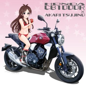 Rule 34 | 1girl, absurdres, ahoge, apple, bikini, boots, brown eyes, brown hair, flick (sal23), food, fruit, highres, idolmaster, idolmaster cinderella girls, long hair, motor vehicle, motorcycle, polka dot, polka dot bikini, red bikini, sitting, swimsuit, tsujino akari