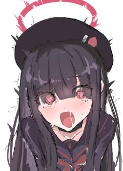 1girl absurdres beret black_choker black_hair black_hat black_sailor_collar black_serafuku black_shirt blue_archive blush choker close-up collarbone crying crying_with_eyes_open dot_nose drooling eyes_visible_through_hair hair_between_eyes hair_over_one_eye halo hat heart heart_in_eye highres justice_task_force_member_(blue_archive) loli long_hair long_sleeves looking_at_viewer open_mouth red_halo sailor_collar saliva saliva_trail school_uniform serafuku shirt sidelocks simple_background solo_focus surprised sweat symbol_in_eye tears tongue tongue_out trembling very_long_hair white_background yuxu