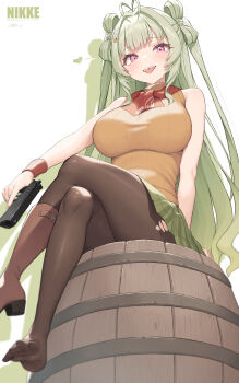 1girl absurdres antenna_hair ashley_graham ashley_graham_(cosplay) barrel boots breasts brown_boots cloba commentary copyright_name cosplay crossed_legs desert_eagle english_commentary goddess_of_victory:_nikke green_hair green_skirt gun hair_ornament hairclip handgun high_heel_boots high_heels highres holding holding_gun holding_weapon large_breasts long_hair looking_at_viewer pantyhose pink_eyes resident_evil resident_evil_4 simple_background single_boot sitting skirt sleeveless sleeveless_turtleneck soda_(nikke) solo teeth tongue tongue_out torn_clothes torn_pantyhose turtleneck two_side_up upper_teeth_only very_long_hair weapon white_background