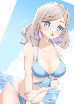 1girl alternate_costume bare_shoulders bikini blue_bikini blue_eyes blue_sky breasts ceras_yanagida_lilienfeld cleavage cloud collarbone commentary_request corocoro567 corrupted_twitter_file cowboy_shot day dutch_angle front-tie_bikini_top front-tie_top grey_hair hair_ribbon hand_on_own_arm highres large_breasts link!_like!_love_live! looking_at_viewer love_live! open_mouth outdoors pink_ribbon ribbon signature sky solo stomach swimsuit virtual_youtuber