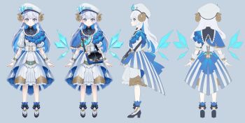 1girl absurdres bag beret bib_collar black_collar black_shoes blue_capelet blue_eyes blue_gem blue_hair blue_wings braid brooch capelet collar colored_inner_hair commentary_request commission corset crystal_wings curled_horns detached_wings dress earrings frilled_collar frills gem grey_background hat hat_ornament highres horns jewelry layered_dress long_hair multicolored_dress multicolored_hair necklace original pointy_ears puffy_short_sleeves puffy_sleeves reference_sheet roena shoes short_sleeves shoulder_bag side_capelet simple_background single_earring smile white_corset white_dress white_hat wings