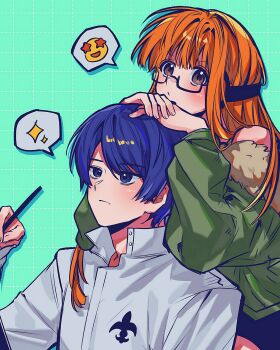 1boy 1girl aqua_background behind-the-head_headphones black-framed_eyewear black_shorts blue_eyes blue_hair blunt_bangs blush brown_eyes closed_mouth commentary_request cowboy_shot ddunnaaaaa dress_shirt fur-trimmed_jacket fur_trim glasses green_jacket grid_background hand_up hands_on_another&#039;s_head headphones highres holding jacket jacket_partially_removed kitagawa_yuusuke korean_commentary kosei_high_school_uniform long_hair looking_ahead orange_hair persona persona_5 portrait sakura_futaba school_uniform semi-rimless_eyewear shirt short_hair shorts spoken_emoji spoken_sparkle under-rim_eyewear white_shirt