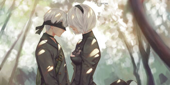 1boy 1girl 2b_(nier:automata) 9s_(nier:automata) black_dress black_gloves black_hairband blindfold clothing_cutout covered_eyes dress gatorix gloves hairband long_sleeves mole mole_under_mouth puffy_sleeves short_hair thighhighs white_hair