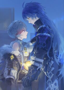 Rule 34 | 2boys, bare shoulders, black gloves, blue eyes, closed mouth, finger to another's chest, flins (genshin impact), fur trim, genshin impact, gloves, height difference, highres, illuga (genshin impact), jacket, lantern, long hair, long sleeves, looking at another, male focus, moririmuli, multiple boys, open mouth, red pupils, sitting, turtleneck, yellow eyes