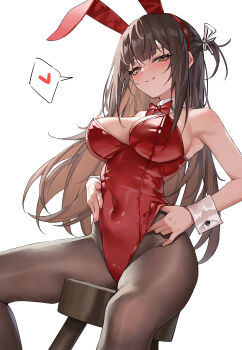 absurdres animal_ear_hairband animal_ears bare_shoulders blush bow bowtie breasts brown_hair brown_pantyhose chair chinese_commentary closed_mouth commentary_request covered_navel detached_collar fake_animal_ears feet_out_of_frame hairband half-closed_eyes hand_on_own_hip heart highres hundun_no_bifang large_breasts leotard light_smile long_hair long_sidelocks looking_at_viewer on_chair original pantyhose playboy_bunny rabbit_ears red_bow red_bowtie red_hairband red_leotard sidelocks simple_background sitting sleeveless speech_bubble thighs thought_bubble white_background white_wrist_cuffs wrist_cuffs yellow_eyes