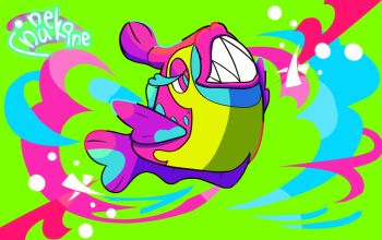 animal_focus aqua_pupils artist_name bruxish commentary_request eyelashes fdft4787 fish full_body gen_7_pokemon green_background half-closed_eyes nintendo no_humans pink_eyes pink_lips pokemon pokemon_(creature) pokemon_focus sharp_teeth smile solo teeth