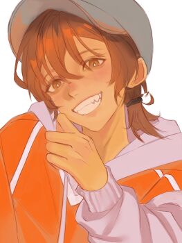1boy :d absurdres aegyo_sal baseball_cap blush bright_pupils brown_eyes brown_hair dark-skinned_male dark_skin drawstring futo_(tofuutoufofuto) grey_hat grey_hoodie grin hair_between_eyes hand_up hashtag-only_commentary hat highres hood hood_down hoodie kel_(birthday)_(omori) kel_(faraway)_(omori) kel_(omori) layered_sleeves long_sleeves looking_at_viewer low_side_ponytail male_focus official_alternate_costume omori open_mouth orange_shirt puffy_long_sleeves puffy_sleeves sharp_teeth shirt short_hair short_over_long_sleeves short_side_ponytail short_sleeves side_ponytail simple_background smile solo teeth upper_body white_background white_pupils