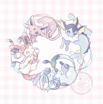 Rule 34 | animal focus, blue eyes, bow, closed eyes, commentary, espeon, fins, forehead jewel, gen 1 pokemon, gen 2 pokemon, gen 4 pokemon, gen 6 pokemon, glaceon, head fins, highres, nintendo, no humans, one eye closed, pokemon, pokemon (creature), pokemon focus, purple eyes, puyu (ssyakani), ribbon, sylveon, symbol-only commentary, vaporeon