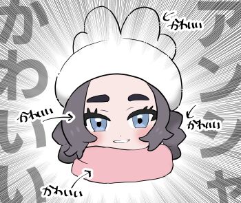 1girl absurdres ansha_(pokemon) arrow_(symbol) blue_eyes blush braid facing_viewer grey_hair grin hat highres japanese_text looking_at_viewer motion_lines nintendo pokemon pokemon_legends:_z-a portrait scarf smile solo speed_lines