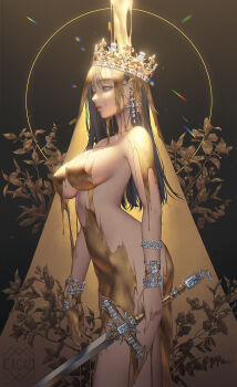 1girl artist_name black_hair bracelet breasts covered_erect_nipples covered_navel cowboy_shot crown diamond_(gemstone) diamond_earrings earrings eyelashes from_side hair_between_eyes highres holding holding_weapon jewelry lips long_hair love_cacao medium_breasts nude original plant solo standing sword tears watch weapon yellow_eyes yellow_theme