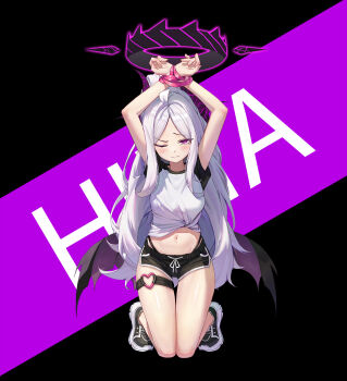 arms_up black_halo black_panties black_shorts blue_archive bound bound_arms clothes_lift demon_girl demon_horns demon_wings dolphin_shorts forehead gym_shirt gym_uniform halo highleg highleg_panties highres hina_(blue_archive) horns ing_(ingdoingdoo) kneeling long_hair navel one_eye_closed panties shirt shirt_lift shoes shorts underwear white_hair white_shirt wings