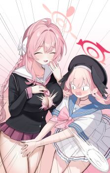 <|>_<|> 2girls :d ^_^ absurdres ahoge beret black_hat black_shirt black_wings blue_archive blue_sailor_collar blush bow bowtie bra bra_peek braid breast_suppress breasts button_gap buttons cleavage closed_eyes cosplay costume_switch covering_another's_crotch cowboy_shot embarrassed emphasis_lines flying_button gradient_background hair_between_eyes hair_bow hair_intakes halo hanako_(blue_archive) hanako_(blue_archive)_(cosplay) hands_up hashtag-only_commentary hat head_wings highres huge_ahoge hyurumari koharu_(blue_archive) koharu_(blue_archive)_(cosplay) lace lace-trimmed_bra lace_trim large_breasts laughing long_hair long_sleeves looking_at_another miniskirt motion_lines multiple_girls neckerchief nose_blush open_mouth pink_background pink_bow pink_bowtie pink_bra pink_hair pink_halo pink_neckerchief pink_skirt pleated_skirt popped_button red_halo sailor_collar school_uniform serafuku shirt short_sleeves simple_background single_braid skirt smile teeth twintails underwear upper_teeth_only v_arms very_long_hair wavy_mouth white_background white_bow white_sailor_collar white_serafuku white_shirt white_skirt wings