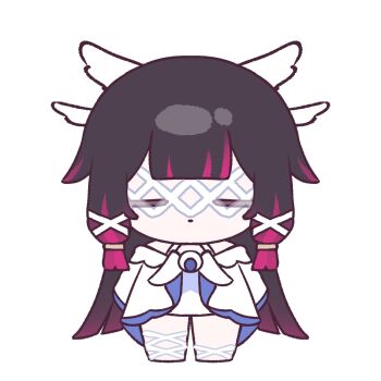 1girl closed_eyes columbina_(genshin_impact) dress eye_mask genshin_impact hair_ornament head_wings highres invisible_shoes long_hair mask mikurumikurumi multicolored_hair multiple_wings ribbon see-through_clothes see-through_mask white_dress white_mask white_ribbon wing_hair_ornament wings x-shaped_eyewear