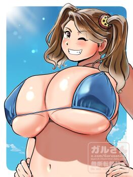1girl bikini blue_bikini blush breasts brown_eyes brown_hair cleavage gundam gundam_build_fighters gundam_build_fighters_try hair_ornament hands_on_own_hips highres huge_breasts kenken28937178 lens_flare long_hair navel one_eye_closed outdoors sazaki_kaoruko skindentation sky smile solo standing swimsuit twintails watermark wide_hips wink