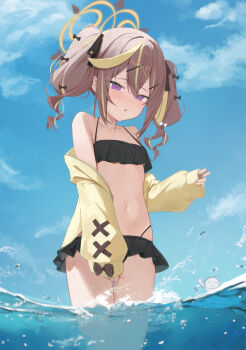 1boy 1girl absurdres arm_up bare_legs bare_shoulders bikini black_bikini black_bow black_bowtie black_skirt blonde_hair blue_archive blush bow bowtie breasts brown_bow brown_bowtie brown_hair cloud cloudy_sky commentary doodle_sensei_(blue_archive) flat_chest hair_ornament halo highres holding_sleeve lizard0221 long_sleeves looking_at_viewer looking_down multicolored_hair navel open_mouth purple_eyes rena_(blue_archive) ribbon sensei_(blue_archive) shy skirt sky small_breasts solo_focus splashing streaked_hair swimsuit twintails underboob water water_drop wet white_bow white_bowtie yellow_halo