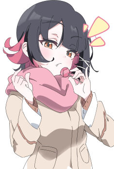 1girl :/ absurdres alternate_costume black_hair brown_coat candy closed_mouth coat colored_inner_hair ellen_joe fang food hashtag-only_commentary highres holding holding_candy holding_food holding_lollipop hutsugyou lollipop looking_at_viewer mole mole_under_eye multicolored_hair notice_lines pink_scarf razor_blade_hair_ornament red_eyes scarf shark_girl short_hair simple_background solo upper_body white_background zenless_zone_zero