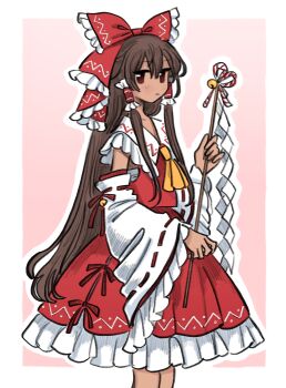 1girl ascot bare_shoulders border bow brown_eyes brown_hair commentary detached_sleeves english_commentary frilled_bow frilled_hair_tubes frilled_skirt frills from_side gohei hair_bow hair_tubes hakurei_reimu highres holding holding_gohei long_hair nontraditional_miko outline outside_border pink_background red_bow red_skirt ribbon-trimmed_sleeves ribbon_trim sarashi skirt solo susu_(mikufanclub) touhou white_border white_outline yellow_ascot