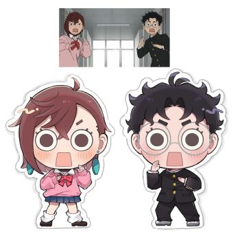 Rule 34 | 1boy, 1girl, ayase momo, black choker, black hair, black jacket, black pants, blue skirt, blush, bow, bowtie, brown eyes, brown hair, brown shoes, chibi, chibi only, choker, collared shirt, comimingming, commentary request, crossed bangs, dandadan, earrings, gakuran, glasses, gold buttons, hair between eyes, highres, jacket, jewelry, korean commentary, loafers, loose socks, medium hair, open mouth, pants, parted bangs, pink sweater, pleated skirt, red bow, red bowtie, reference inset, round eyewear, school uniform, shirt, shirt under sweater, shoes, short hair, skirt, socks, sweater, takakura ken (dandadan), white background, white shirt, white shoes, white socks, wide-eyed