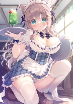 1girl :o apron bendy_straw blue_panties blue_skirt breasts brown_hair brown_shoes cameltoe center_frills cherry cleavage commentary_request cone_hair_bun day drinking_straw food frilled_apron frills fruit green_eyes hair_bun hands_up holding holding_tray ice_cream ice_cream_float indoors large_breasts long_hair looking_at_viewer maid_headdress on_one_knee original panties parted_lips plaid_clothes plaid_skirt puffy_short_sleeves puffy_sleeves shirt shoes short_sleeves skirt solo spoon sunlight thighhighs tray twitter_username underwear very_long_hair waist_apron white_apron white_shirt white_thighhighs window wooden_floor wrist_cuffs yukie_(peach_candy)