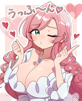 Rule 34 | 1girl, artist name, blush, breasts, cleavage, commentary request, dress, flower, green eyes, hair flower, hair ornament, hanazono hahari, heart, highres, jewelry, kimi no koto ga dai dai dai dai daisuki na 100-nin no kanojo, large breasts, long hair, looking at viewer, mature female, mole, mole under eye, necklace, one eye closed, paramisan, pink hair, solo, translation request, twitter username, white dress