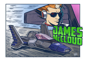 1boy action aircraft artist_name border character_name close-up closed_mouth f-zero f-zero_gx flying_car highres hover_vehicle james_mccloud jrcomicart little_wyvern motion_lines nintendo orange_hair race_vehicle science_fiction solo speed_lines spiked_hair sunglasses vehicle_focus white_border white_hair