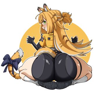 1girl animal_ears ass ass_focus bike_shorts black_gloves black_shorts blonde_hair border cat_ears cat_tail elbow_gloves fingerless_gloves from_behind gloves green_eyes ju_fufu kneeling long_hair looking_at_viewer looking_back multicolored_hair nuclear_wasabi shorts smile socks solo spread_legs tail two-tone_hair white_border white_hair white_socks yellow_background zenless_zone_zero