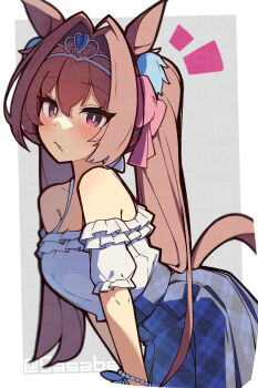 1girl animal_ears bead_bracelet beads blue_skirt blush border bracelet breasts brown_hair cleavage daiwa_scarlet_(casual)_(umamusume) daiwa_scarlet_(umamusume) frilled_shirt frills grey_background highres horse_ears horse_girl horse_tail jewelry long_hair looking_at_viewer medium_breasts plaid_clothes plaid_skirt red_eyes shirt skirt solo tail tetenka twintails umamusume white_border white_shirt