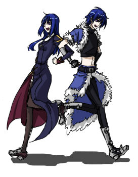 1boy 1girl armored_boots black_gloves black_shirt blue_cape blue_dress blue_hair blue_jacket boots breasts brown_thighhighs cape commentary_request crop_top cropped_jacket cross cross_necklace dress full_body fur-trimmed_cape fur-trimmed_jacket fur_trim gloves jacket jewelry juliet_sleeves locked_arms long_hair long_sleeves looking_at_viewer midriff navel necklace open_clothes open_jacket open_mouth priest_(ragnarok_online) puffy_sleeves purple_eyes ragnarok_online shirt short_hair short_sleeves simple_background small_breasts smile stalker_(ragnarok_online) thighhighs toriria waist_cape white_background