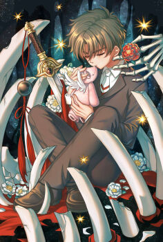 Rule 34 | 1boy, black jacket, black pants, brown hair, brown shoes, camellia, cardcaptor sakura, flower, highres, jacket, lalatia-meai, li syaoran, loafers, male focus, necktie, pants, red flower, ribs, shirt, shoes, short hair, sitting, skeleton, solo, stuffed animal, stuffed toy, sword, teddy bear, weapon, white flower, white necktie, white shirt