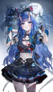 1girl absurdres bat_(animal) blood blue_eyes blue_flower blue_hair blue_rose breasts commentary commercial demon_girl demon_horns flower highres horns house long_hair looking_at_viewer moon muaooooo original rose tree